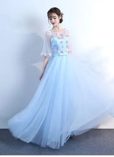 晚礼服春夏蓝色中袖主持人雅合唱伴娘服长款学生毕业礼服