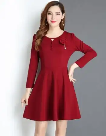 年轻妈妈气质长袖连衣裙30-40-50岁中年少妇女装收腰秋冬装打底裙 酒