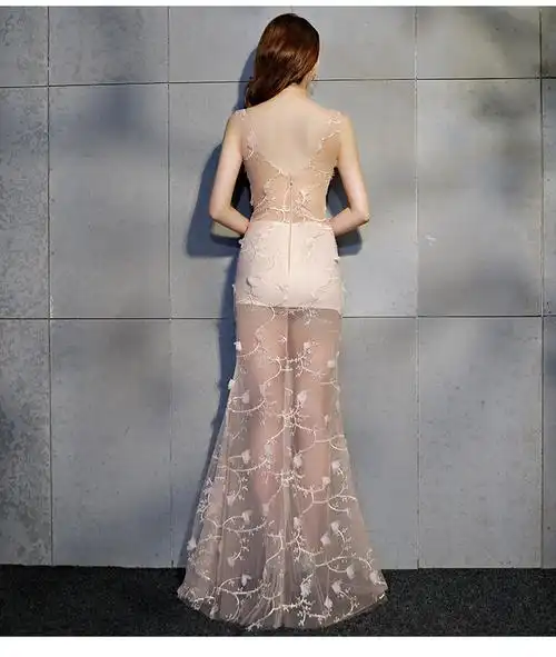 夜店性感女装2019透视装修身鱼尾蕾丝ktv会所透明礼服长裙多色