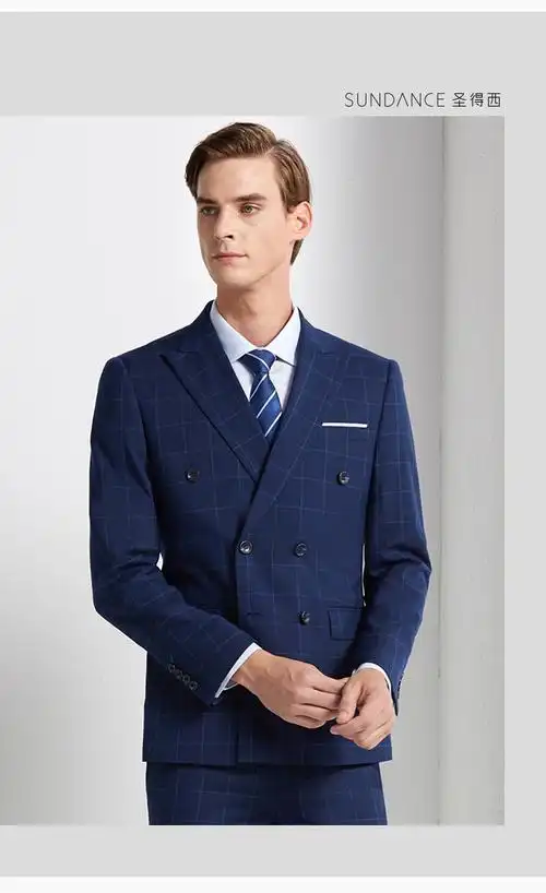 西服套装男修身商务绅士格子休闲新郎结婚礼服正装男士西装 浅蓝色