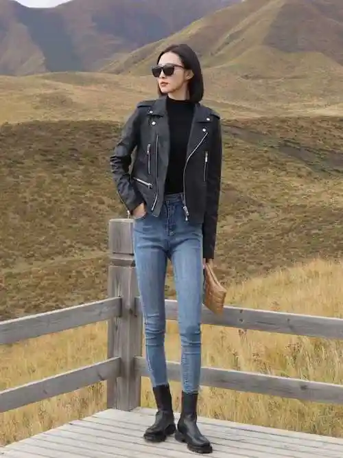 原创秋冬黑色皮夹克搭配紧身牛仔裤大秀高挑身材显高显瘦又洋气