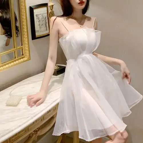 笙脽夏季新款性感抹胸吊带连衣裙气质欧根纱短裙收腰a字裙子女装