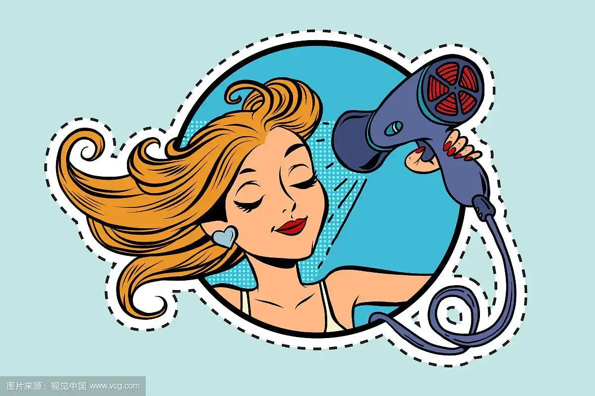 美丽的女孩正在用吹风机吹头发