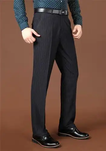 春秋季中年男士西裤商务宽松西装裤直筒高腰男裤免烫条纹款中老年