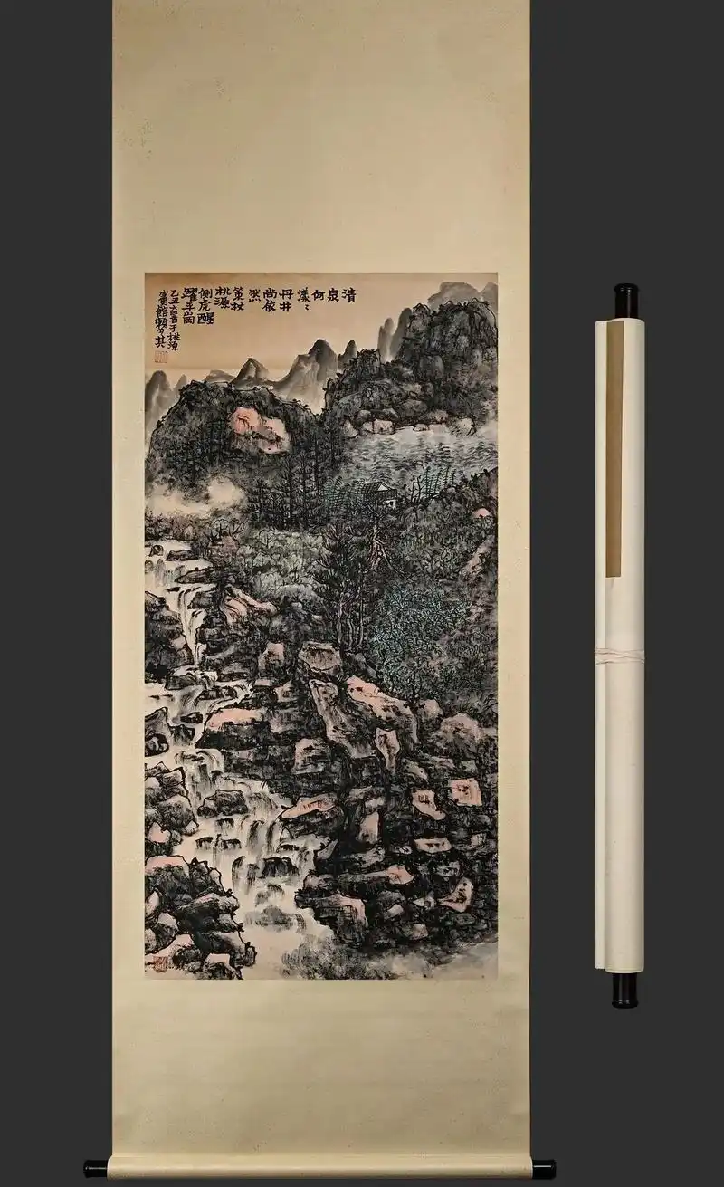 赖少其精品(桃源山水图)老纸绫裱立轴;文物商店纯手工装裱;画 - 抖音