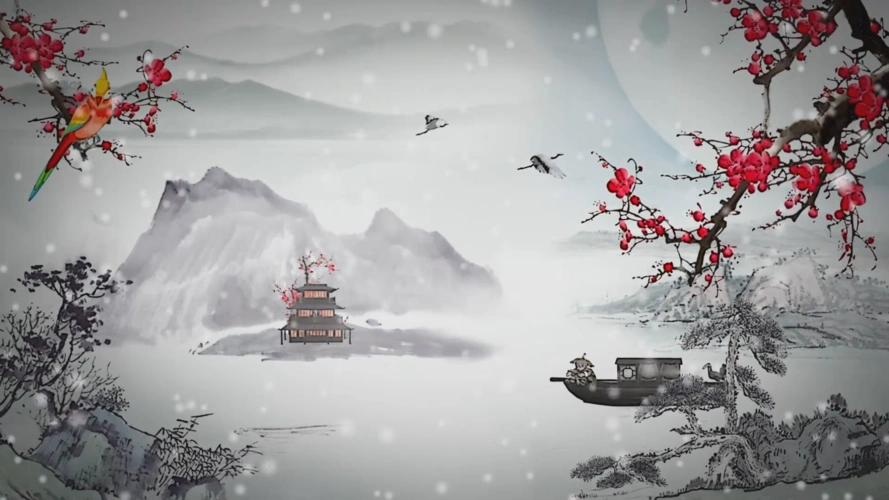 古风素材-古典中式淡雅山水水墨梅花背景视频素材