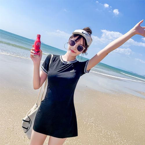 泳衣女学生分体平角裤遮肉显瘦韩国少女黑色温泉游泳装裙式保守