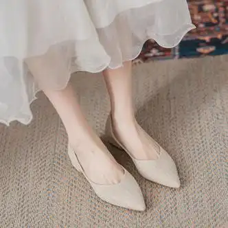 dwviviur平底单鞋女夏季2024新款仙女伴娘鞋船鞋尖头婚鞋女低跟新娘鞋