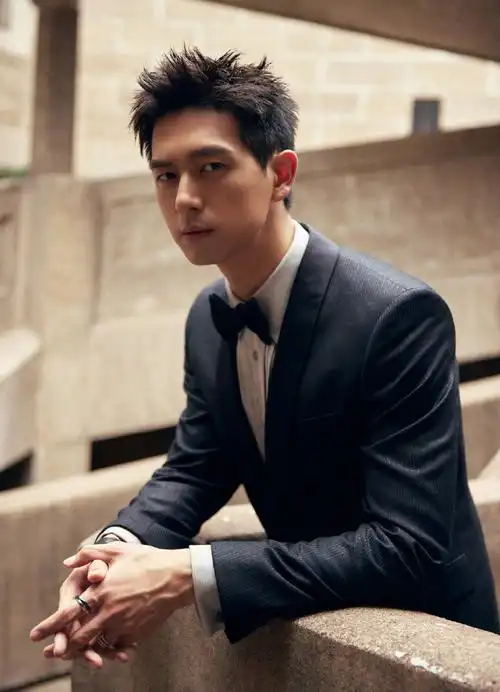 李现一身黑西装刺猬头造型帅气又活力,仰拍视角下颚线好优越