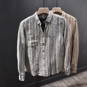 肯昔男士夏天棉麻亚麻长袖衬衫高端时尚美式休闲流行潮水洗上衣蓝色