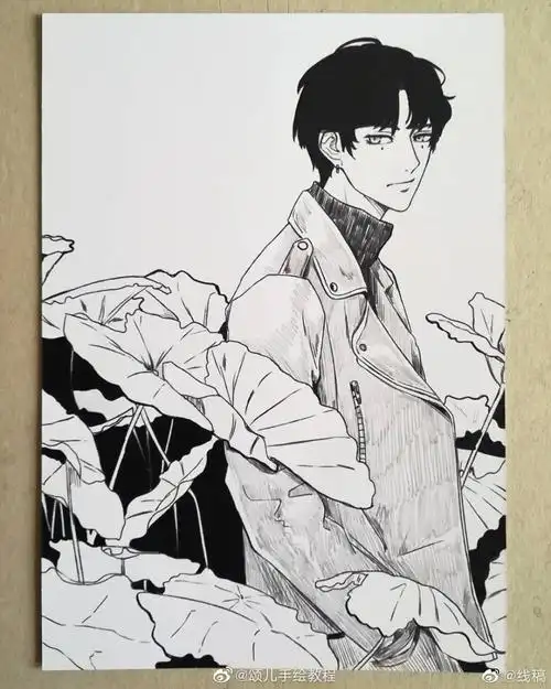 人物黑白动漫素材插画绘画线稿手绘女生男生长发短发转载二次元