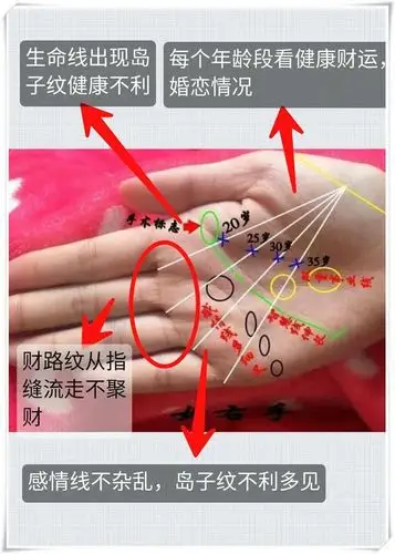 第二,生命线有断裂,岛子纹路多,不聚财容易手术等健康不利.