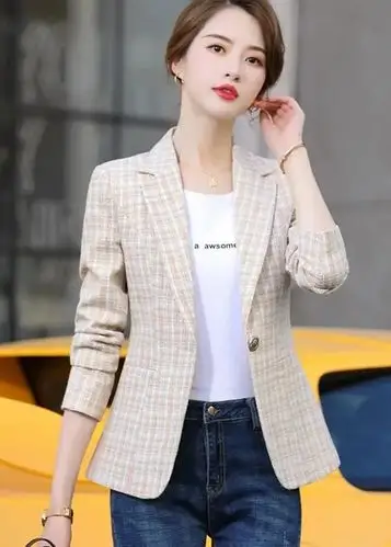 格子小西装外套女短款修身春秋新款韩版小个子洋气西服女上衣