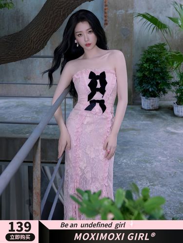 汇通虞书欣同款衣服moxi 粉色蕾丝抹胸裙气质显瘦蝴蝶结露背生日礼服