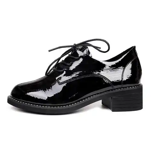 漆皮纯色女单鞋粗跟百搭中跟女鞋系带英伦学院风软皮小皮鞋水钻