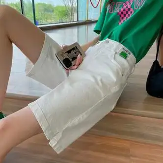 檀典牛仔短裤女夏季薄款高腰显瘦宽松直筒中裤阔腿休闲5五分牛仔裤子