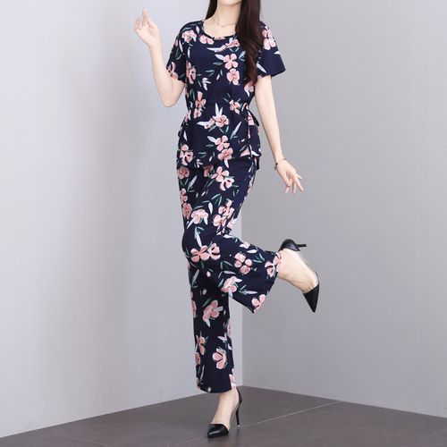 时髦妈妈夏季外穿棉绸套装新款人造棉时尚洋气时尚套装