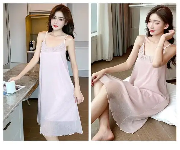 吊带抹胸睡裙女夏季天性感v领中长款凉爽舒适少女网纱睡裙可外出