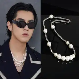 吴亦凡同款珍珠项链男纯银小众设计潮嘻哈拼接锁骨颈链女说唱饰品