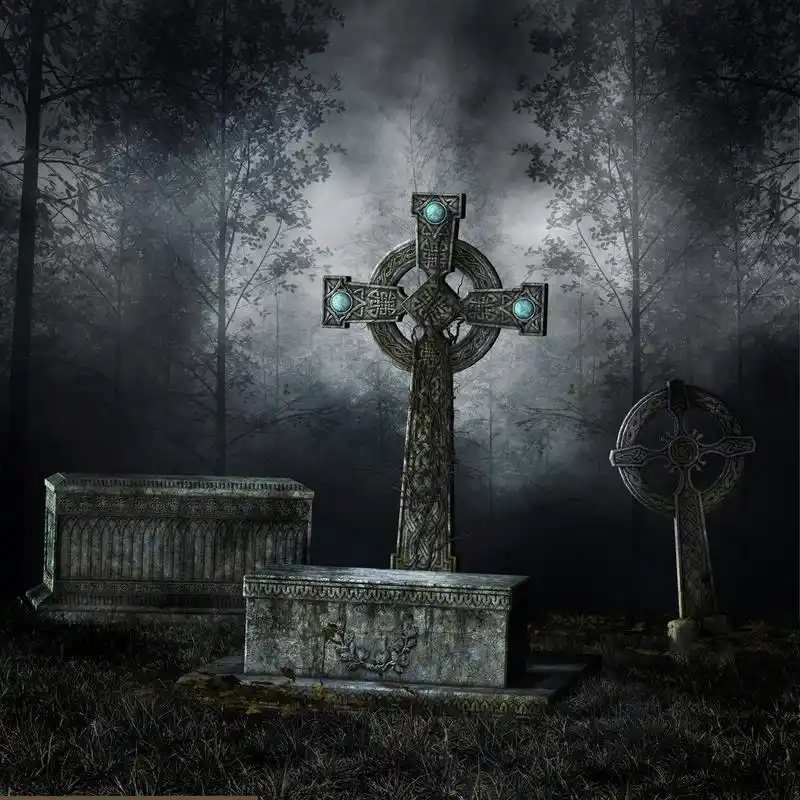 在森林中的坟墓,老坟墓和十字架在黑暗的森林中
