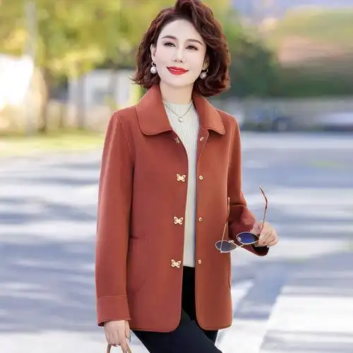 中年妈妈春装毛呢外套短款新款中老年女春秋洋气高贵双面绒上衣服
