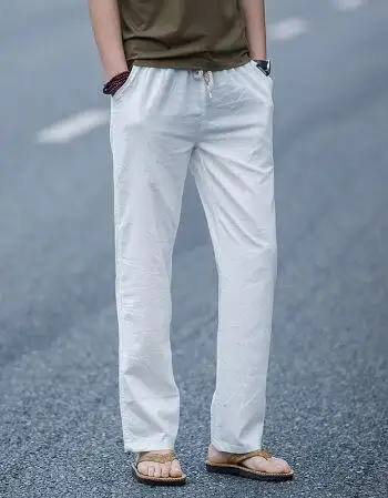渊邦男士大码裤大码宽松直筒休闲运动裤复古粗布麻长裤麻布裤男yt白色