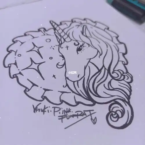 pink笔墨06独角兽纹身线稿绘制过程