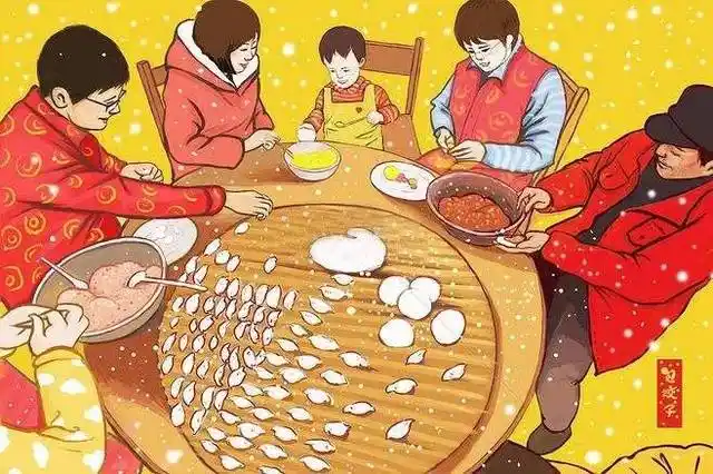 全家人聚在一起亲手包着饺子.