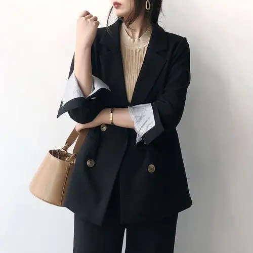 黑色休闲西装外套女春款上衣时尚ins韩版双排扣宽松网红chic西服