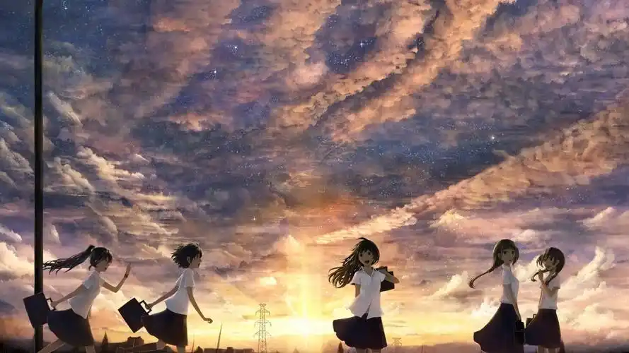 放学的女孩们日落天空可爱动漫壁纸