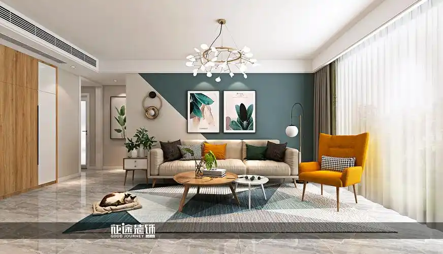 沙发背景墙采用乳胶漆调色撞色,搭配同色撞色地毯,给予空间灵动感!