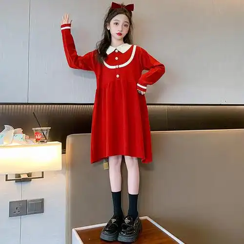 中大童女孩衣服秋冬中国风童连衣裙红色针织毛衣裙新年裙跨境代发