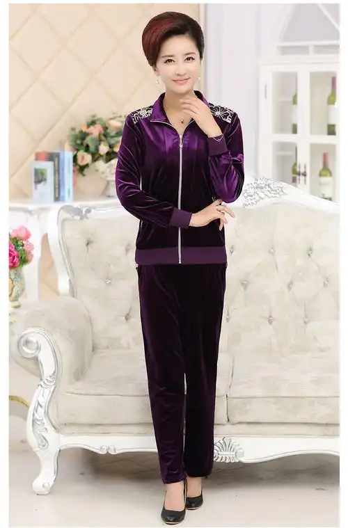 春季新款中老年女装金丝绒两件套装妈妈装休闲运动服 运动套装女