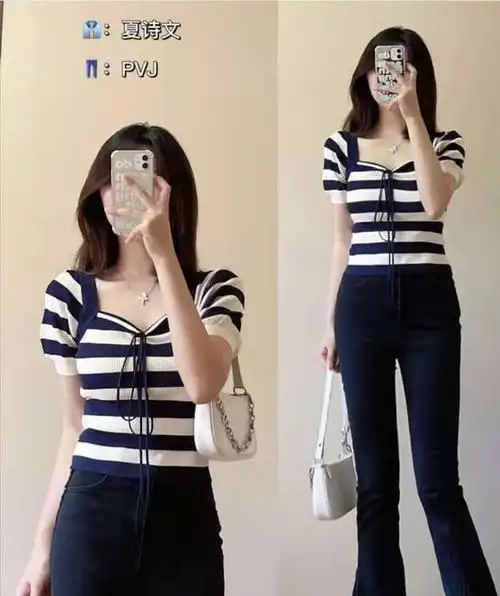 夏天牛仔裤穿搭:上衣是泡泡袖挂脖条纹短上衣,这件衣服版型特别显身材