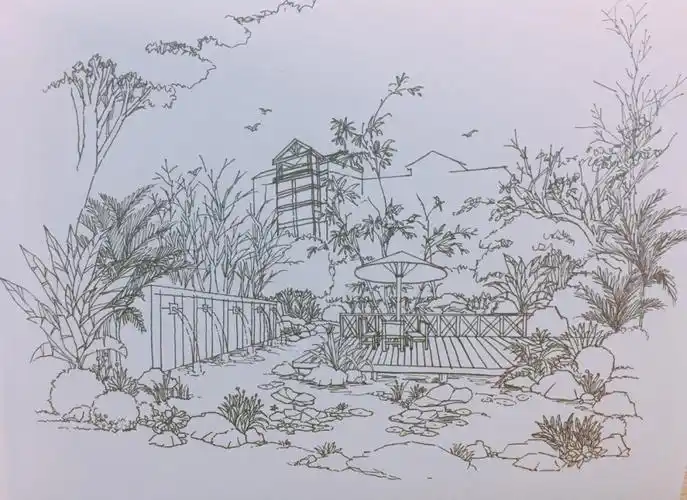 室内设计庭院手绘线稿图