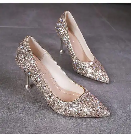 高跟鞋女宴会中跟新娘婚鞋婚纱细跟色水晶鞋婚礼伴娘鞋子银色高8cm39