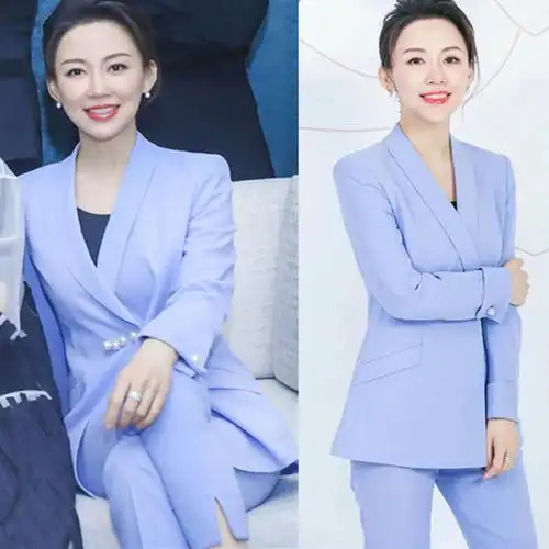 明星同款浅蓝色西装套装女春秋时尚气质高端小个子职业西服两件套