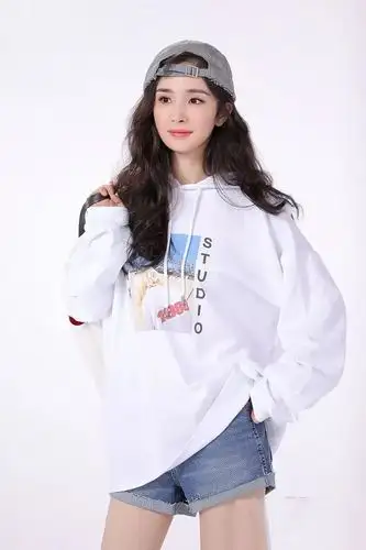 明星杨幂同款白色中长款卫衣女连帽慵懒风宽松学生印花套头外套潮