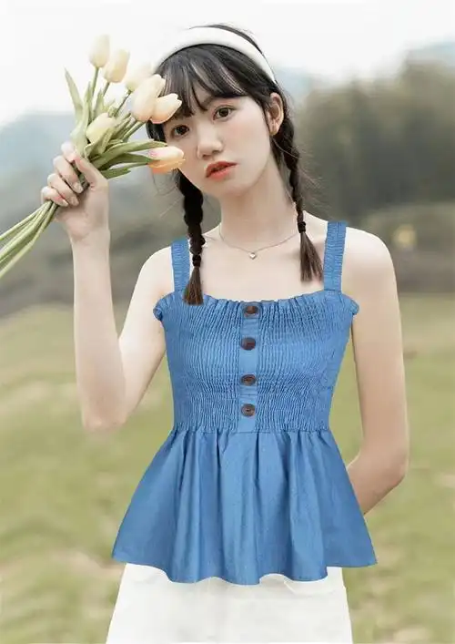 夏季新款女装时髦夏装牛仔纯色洋气吊带上衣 - 17网