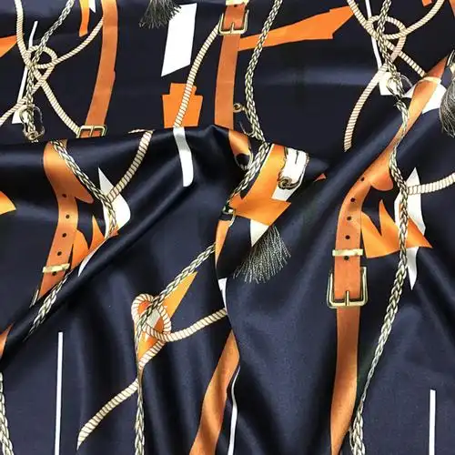 19姆米真丝缎宽幅藏青色喷绘皮带链条印花桑蚕丝弹力缎丝绸面料