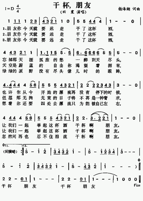 干杯朋友_歌谱简谱_哆来咪123曲谱网