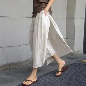 薄款文艺复古原创开叉亚麻直筒裤女半身裙裤新中式禅意棉麻九分裤