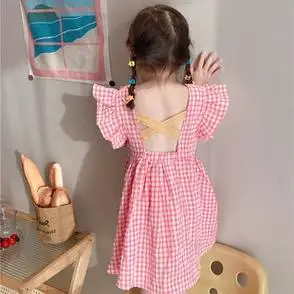 女童格子大飞袖新款露背连衣裙儿童棉布清凉公主裙潮童装2023夏季