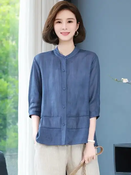 女士衬衫短袖棉麻夏季薄款苎麻小个子2022新款妈妈亚麻上衣显瘦