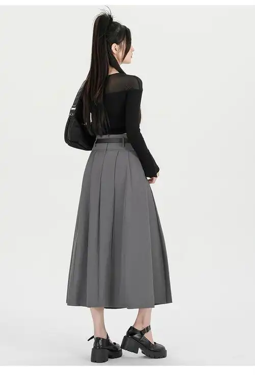 灰色西装半身裙女夏季小个子中长款百褶裙高腰显瘦垂坠感a字长… - 17