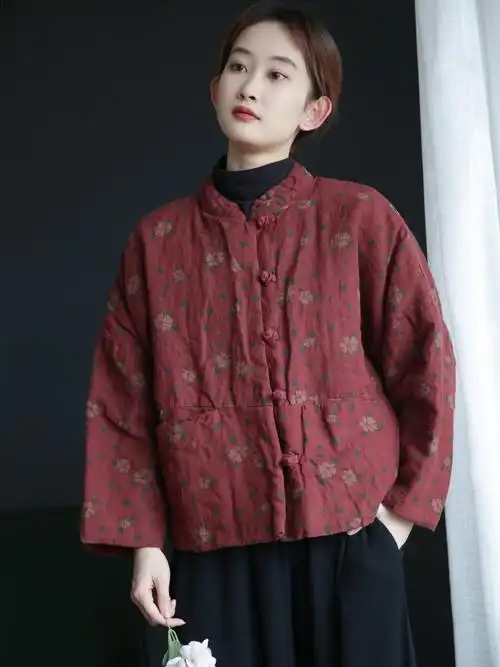 民族风女装复古女棉袄2022冬季棉麻女装文艺复古盘扣中式棉衣夹棉保暖