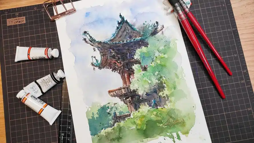 纸上水彩,古建筑