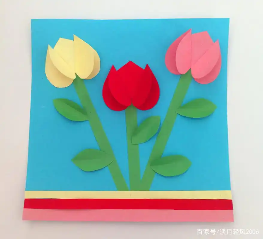 幼儿园手工作业,用爱心形状贴出的花朵贴画,可以当贺卡