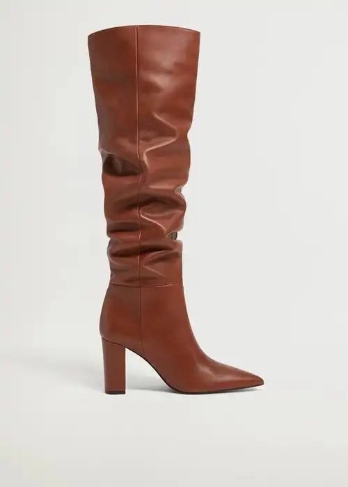 西班牙欧洲正品代购mango女士粗跟尖头真皮高筒靴时装靴