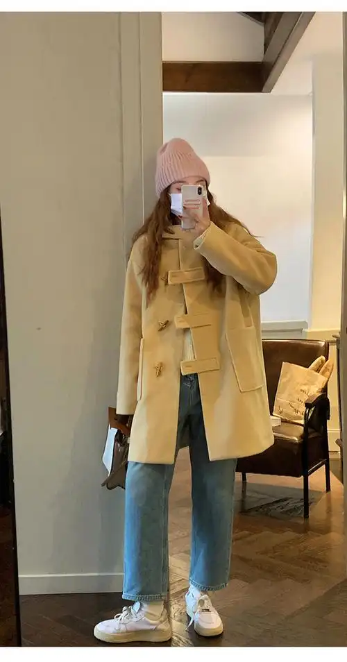 牛角扣呢子大衣女2024秋冬季毛呢外套新款英伦风韩系